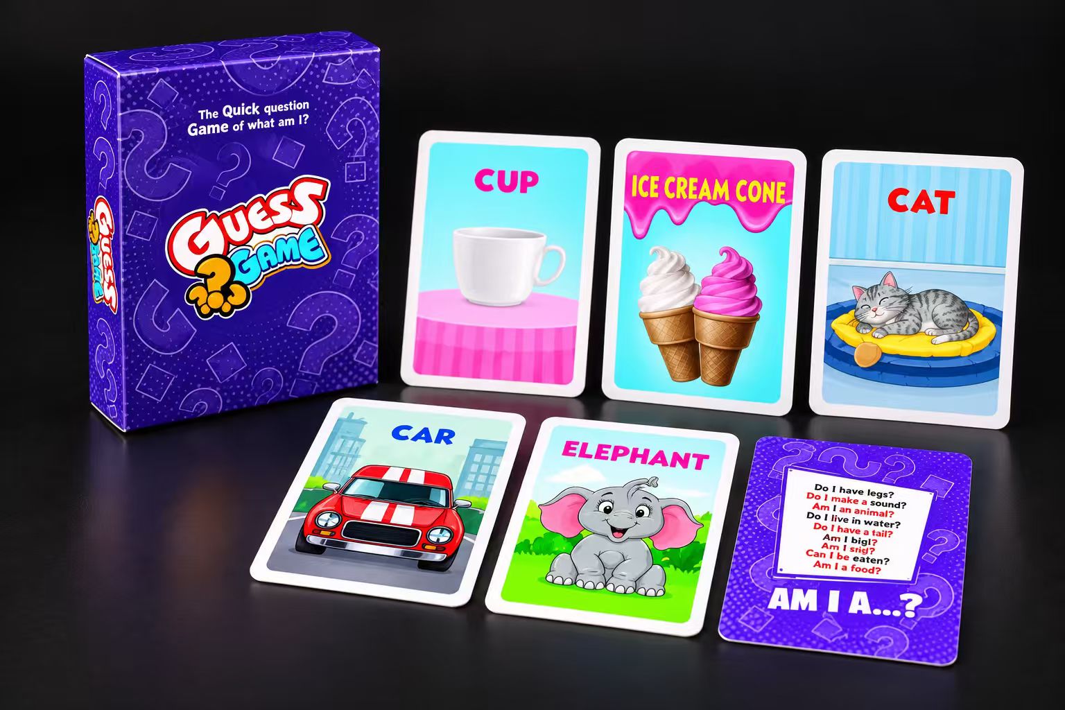 Illustrated guessing-game cards and purple printed box